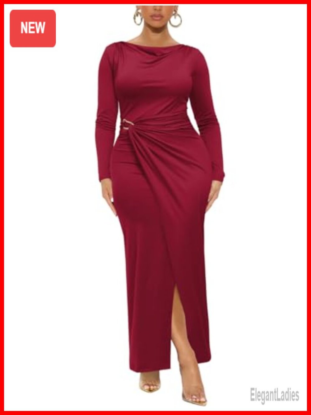 Womens Long Sleeve Cowl Neck Bodycon Maxi Dress Ruched Side Slit F